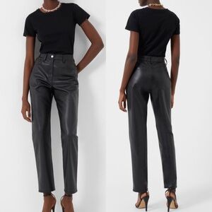 French Connection Black Etta Vegan Leather High Rise Straight Leg Trouser Pants‎